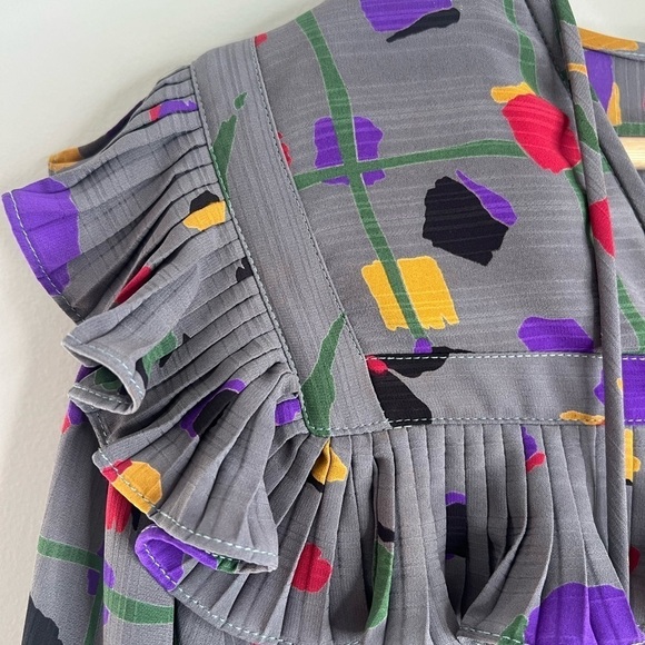 Vintage 80s Diane Freis Georgette Dress L XL Long Sleeves Gray Geometric Pattern - Picture 8 of 14